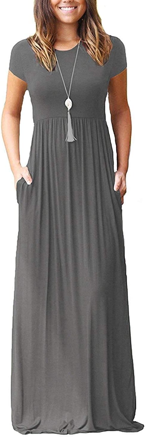 DEARCASE Maxi Dress for Women Short Sleeve Casual Summer Loose Plain Comfy Long Dresses with Pockets
