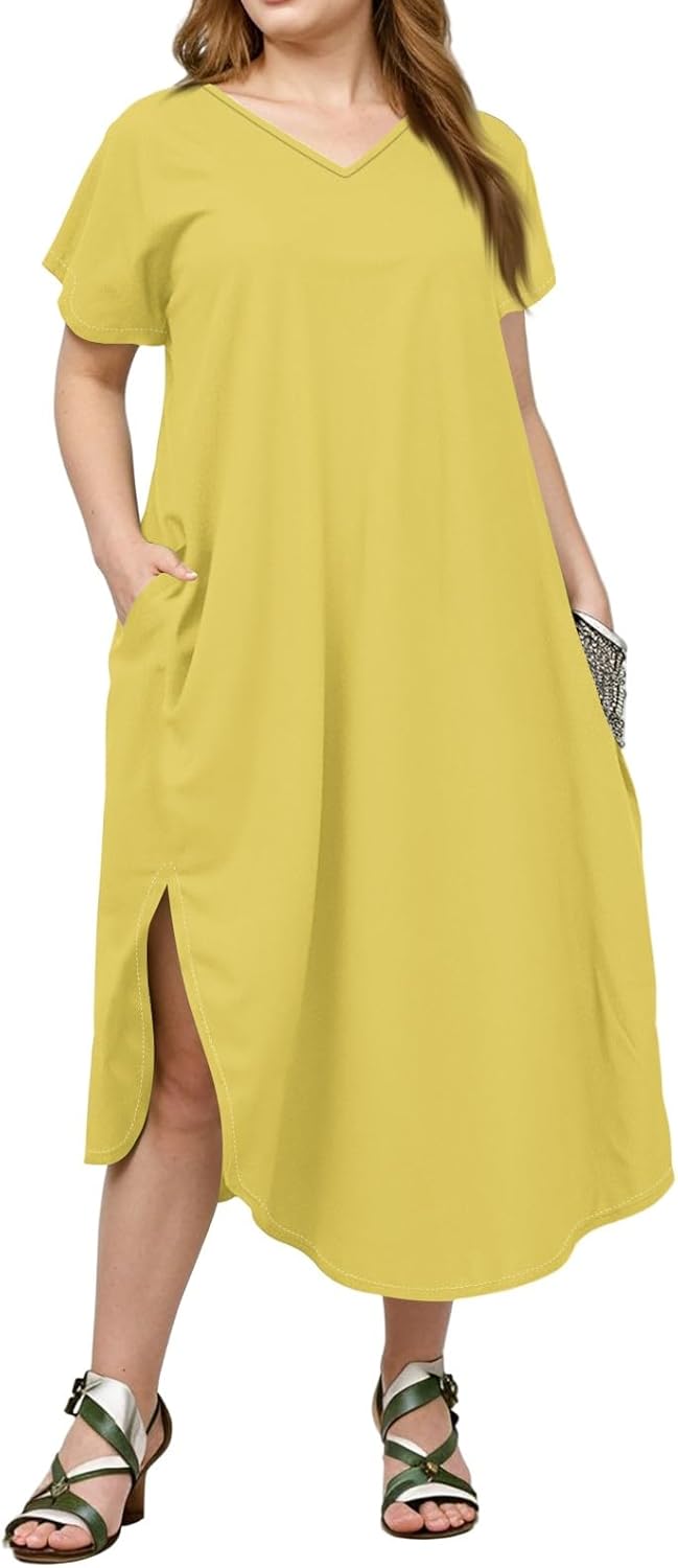 Maxi Dresses for Women 2025 Plus Size Tie Dye V Neck Dress Short Sleeve Side Split Beach Summer Sundress with Pocket