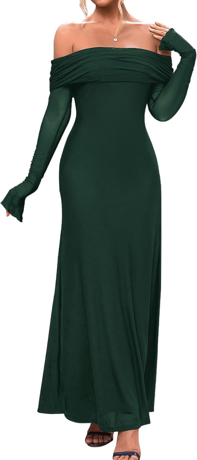 KUTUMAI Women Off Shoulder Bodycon Maxi Dress Long Sleeve Mesh Ruched Party Formal Wedding Guest Dresses