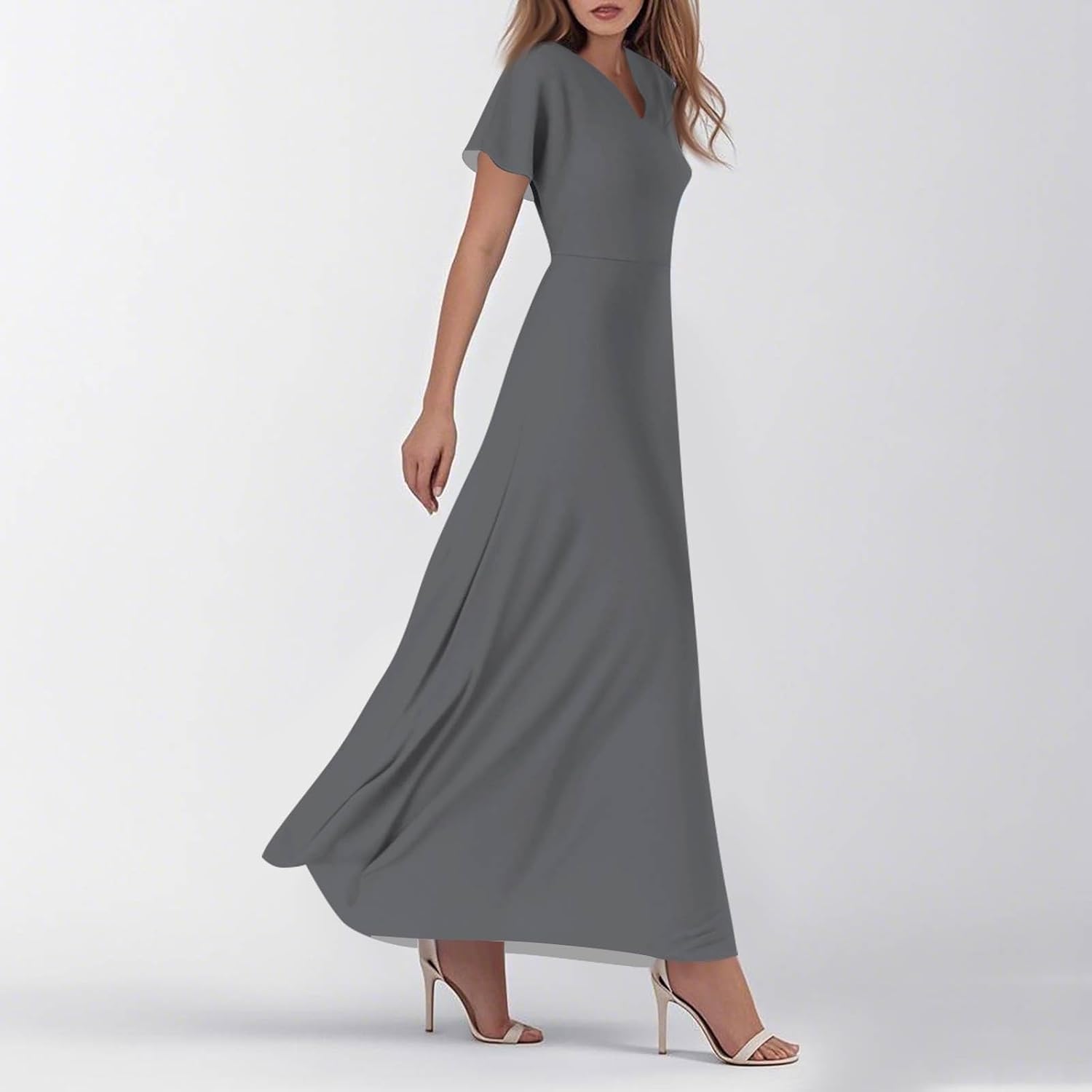 Womens Fashion V Neck Ruffle Short Sleeve Maxi Dress 2025 Summer Elegant Solid Color Flowy A Line Dresses