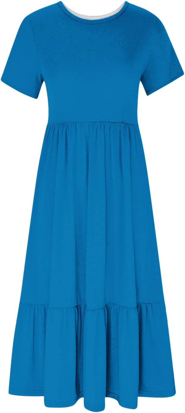 XUNRYAN Summer Dresses for Women 2024 Casual Calf Length Maxi Dress Pleated Flowy Tiered Swing Beach Sundress with Pockets