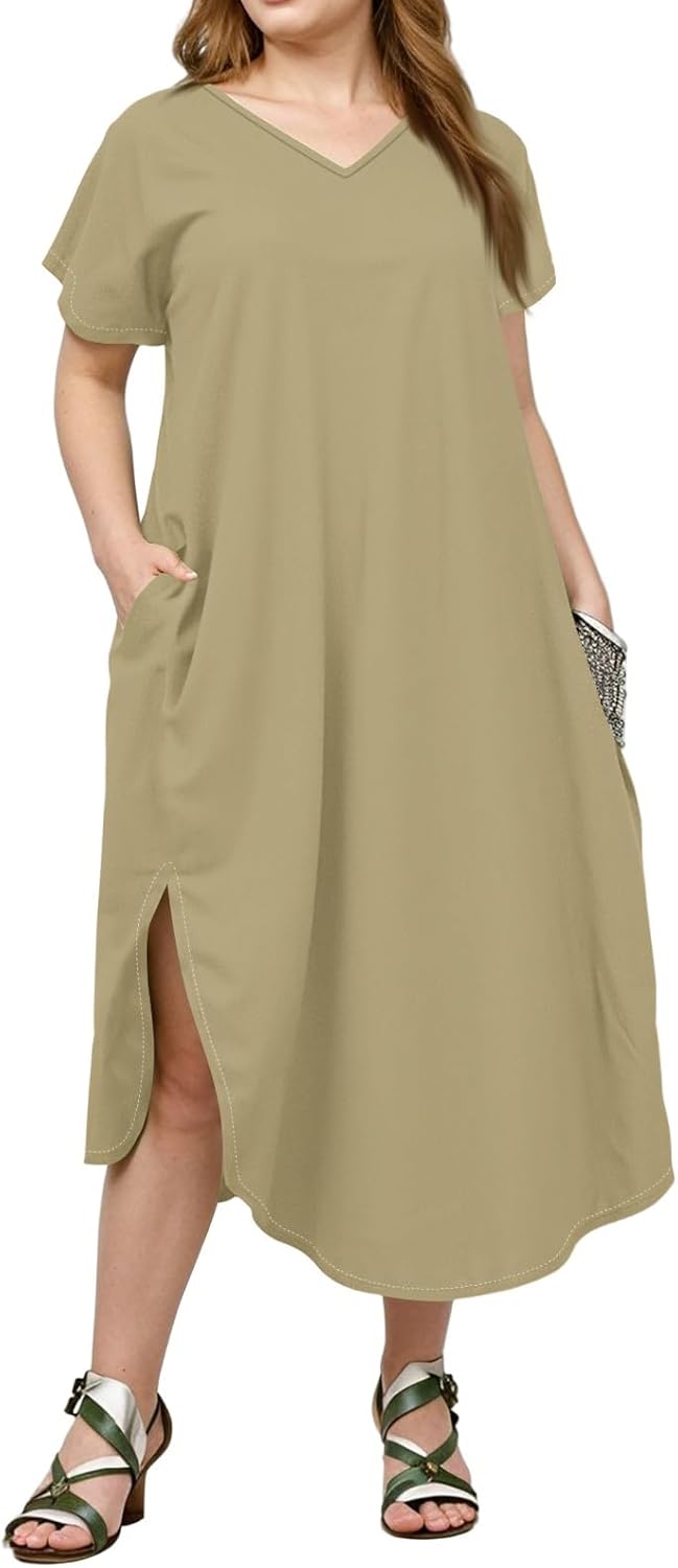 Maxi Dresses for Women 2025 Plus Size Tie Dye V Neck Dress Short Sleeve Side Split Beach Summer Sundress with Pocket