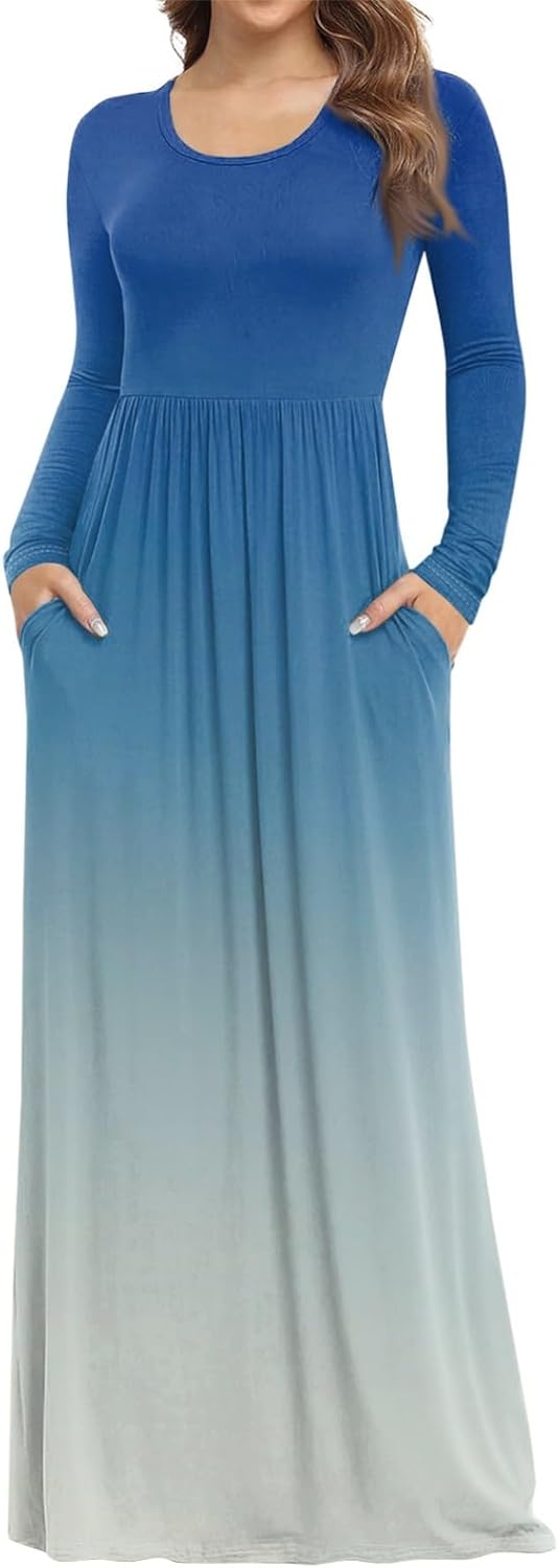 Long Sleeve Maxi Dress for Women Elegant Crew Neck Flowy Swing Dresses Solid Color Wedding Guest Dresses