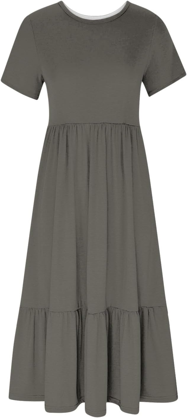 XUNRYAN Summer Dresses for Women 2024 Casual Calf Length Maxi Dress Pleated Flowy Tiered Swing Beach Sundress with Pockets