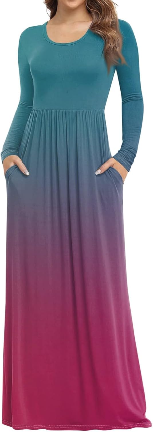 Long Sleeve Maxi Dress for Women Elegant Crew Neck Flowy Swing Dresses Solid Color Wedding Guest Dresses