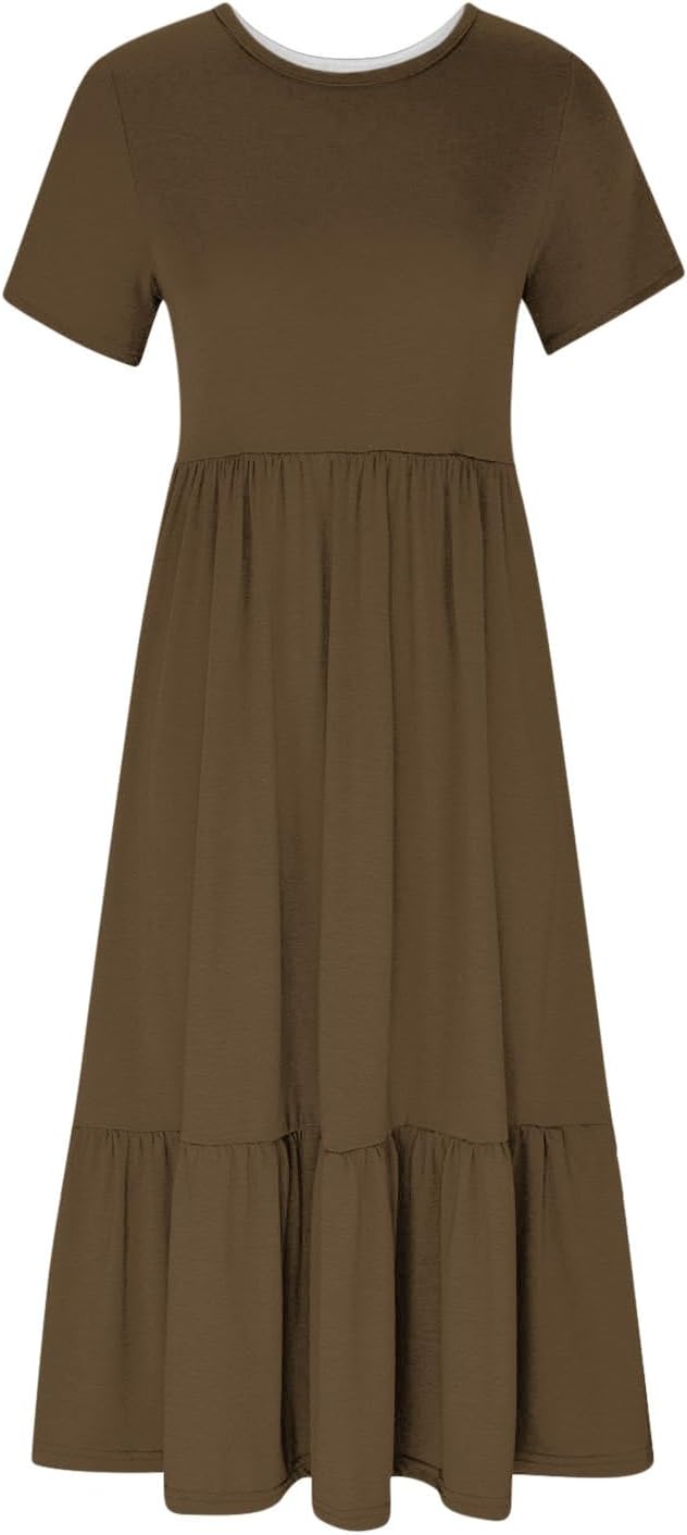 XUNRYAN Summer Dresses for Women 2024 Casual Calf Length Maxi Dress Pleated Flowy Tiered Swing Beach Sundress with Pockets