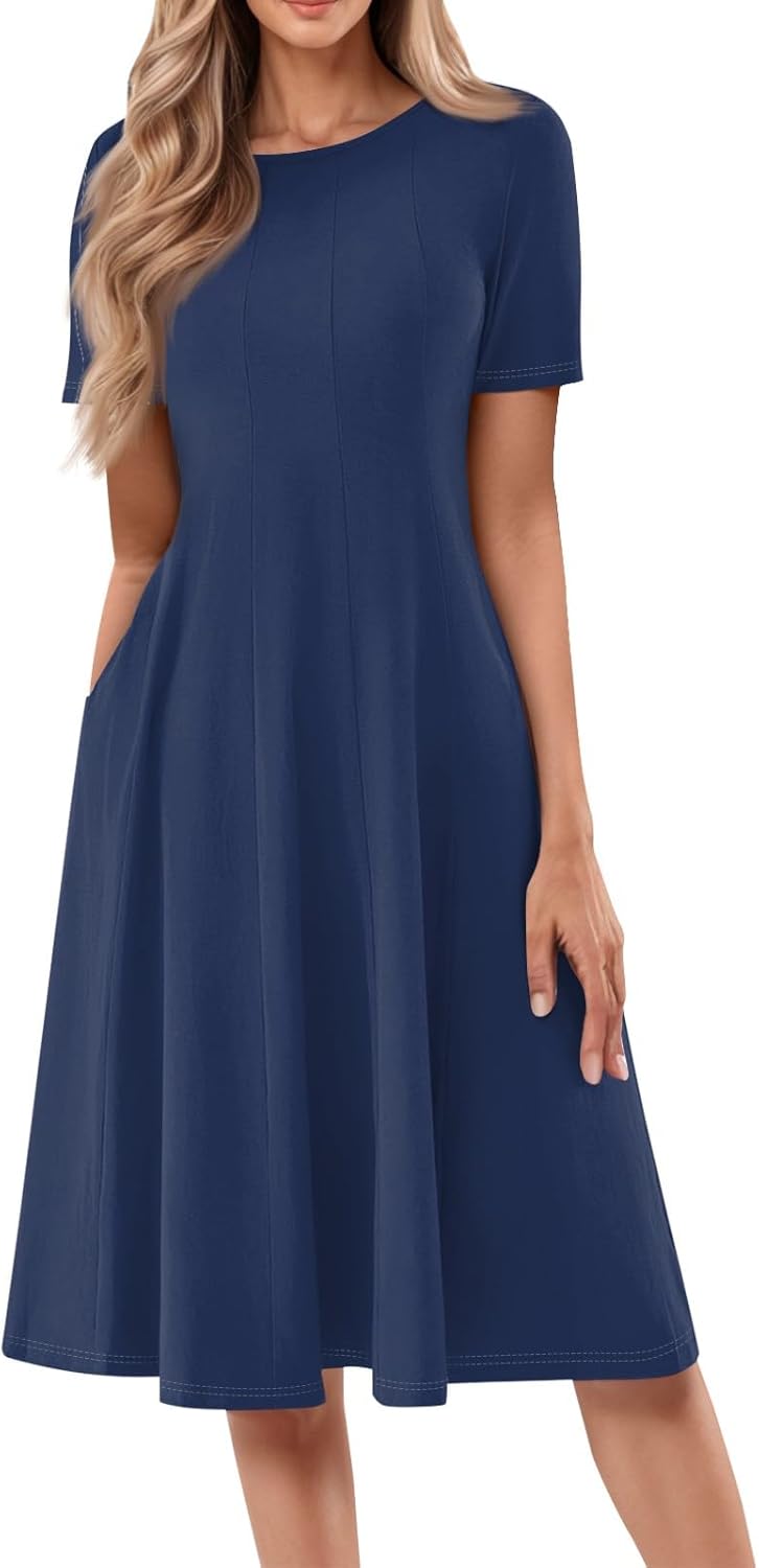 Summer Dresses for Women 2025 Crew Neck Short Sleeve Boho Beach Vacation Floral/Solid Midi Sundresses with Pockets