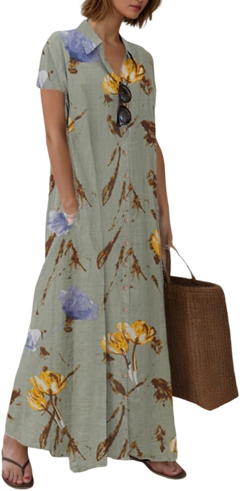 TIAFORD Womens 2025 Trendy Button Down Cotton Linen Maxi Dress Plus Size Short Sleeve Lapel Shirt Dresses with 2 Pockets
