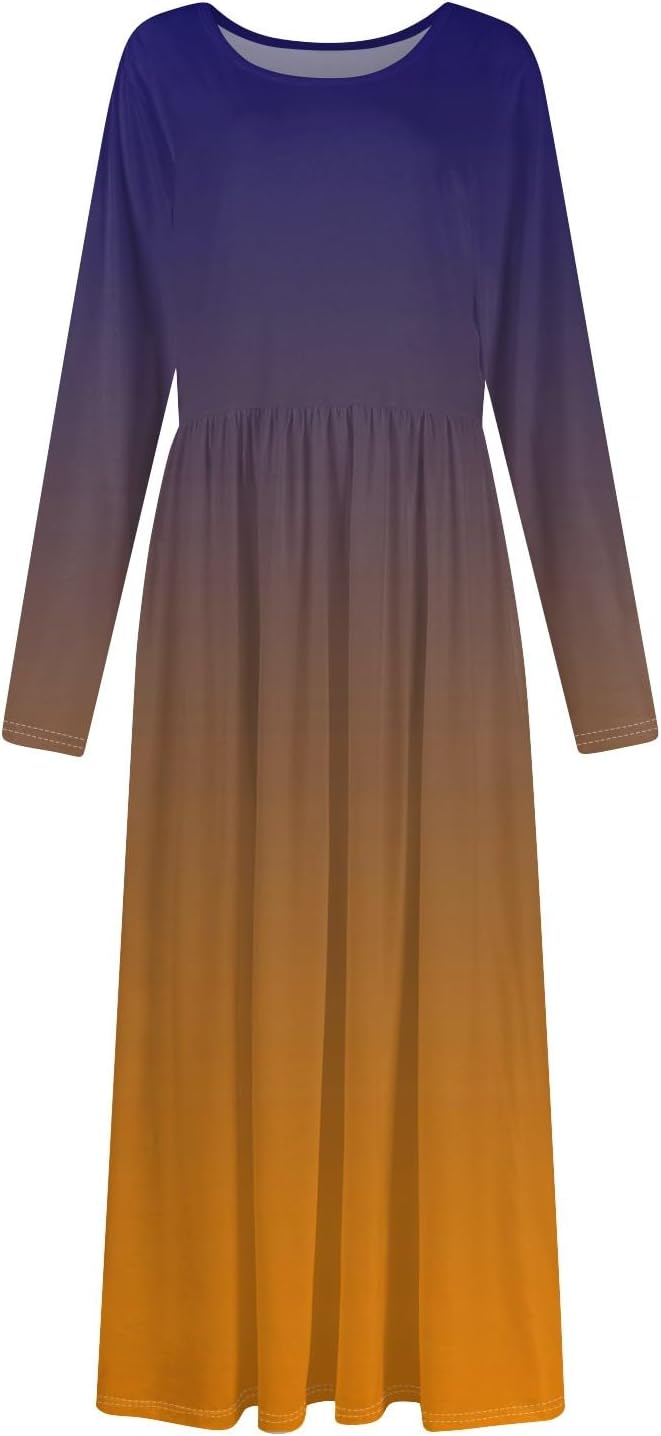 Long Sleeve Maxi Dress for Women Elegant Crew Neck Flowy Swing Dresses Solid Color Wedding Guest Dresses