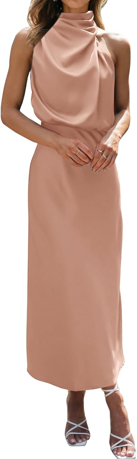 BTFBM Womens Sleeveless Cocktail Dresses Mock Neck Keyhole Elastic High Waist Evening Party Maxi Wedding Guest Dress