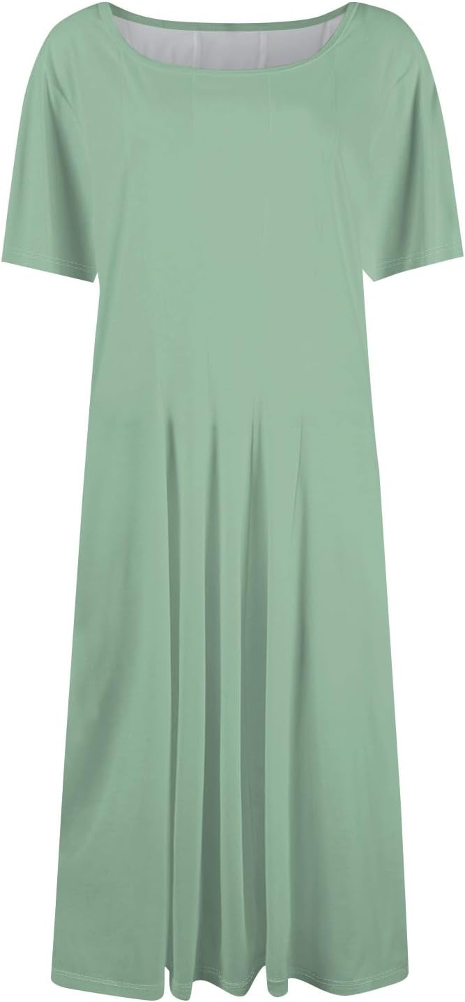 Summer Dresses for Women 2025 Crew Neck Short Sleeve Boho Beach Vacation Floral/Solid Midi Sundresses with Pockets