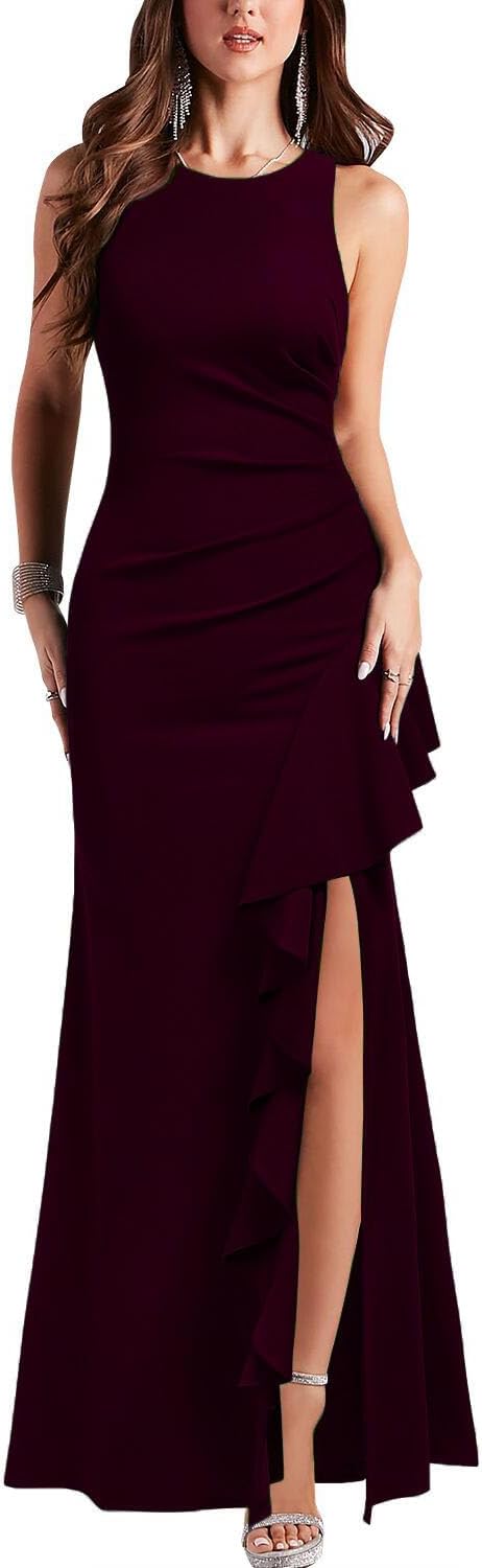 WOOSEA Women's Scoop Neck Sleeveless Split Bodycon Mermaid Evening Cocktail Long Dress