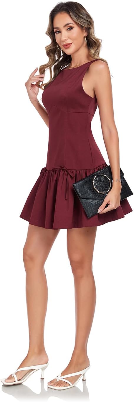 Summer Dress for Women, Sleeveless Round Neck Mini Dress, Casual Pleated Bow Zipper Tank Dress