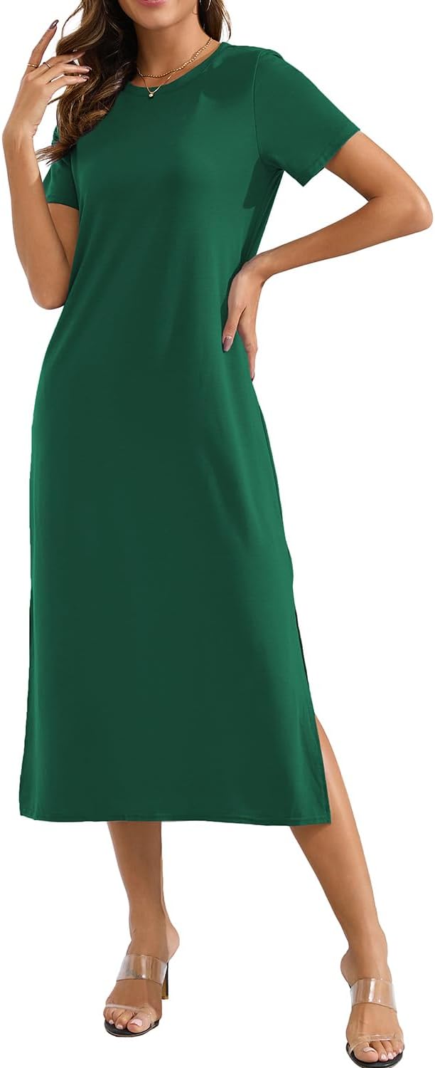 Naggoo Women's Short Sleeve Split Maxi Dress Casual Plain Tie Dye Print Tshirt Long Dresses with Pockets