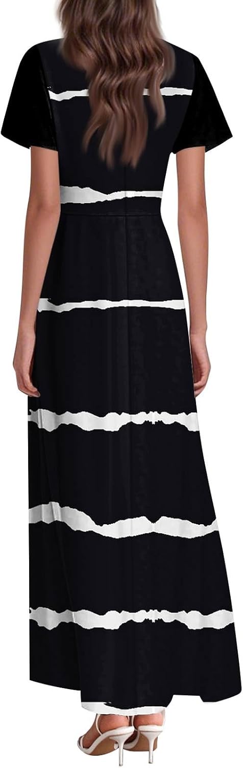 Womens Fashion V Neck Ruffle Short Sleeve Maxi Dress 2025 Summer Elegant Solid Color Flowy A Line Dresses