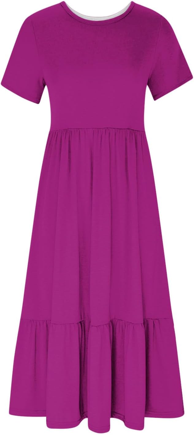XUNRYAN Summer Dresses for Women 2024 Casual Calf Length Maxi Dress Pleated Flowy Tiered Swing Beach Sundress with Pockets
