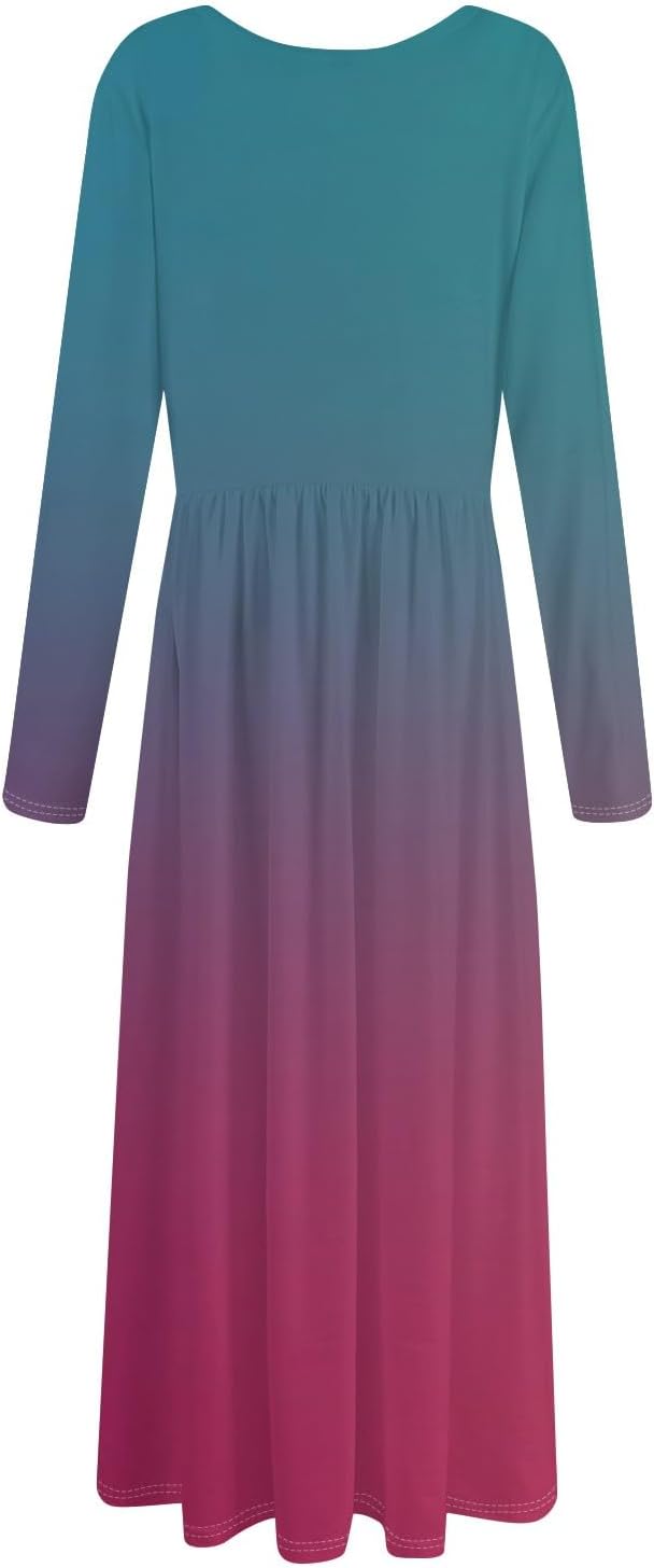 Long Sleeve Maxi Dress for Women Elegant Crew Neck Flowy Swing Dresses Solid Color Wedding Guest Dresses
