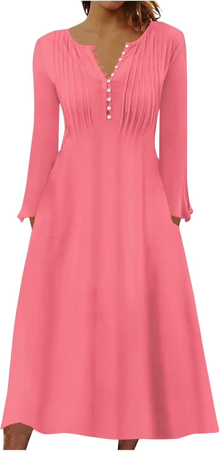 DOPOCQ Fall Women Dresses 2023 Long Sleeve V Neck Plus Size Maxi Dress Boho Dress High Waisted A-Line Dress with Pocket