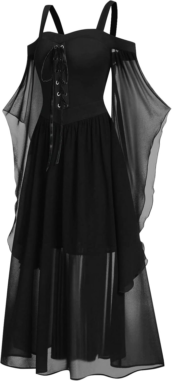 Women Casual Cold Shoulder Dress Solid Color Lace Butterfly Sleeve Halloween Retro Cocktail Party Gothic Prom Dress