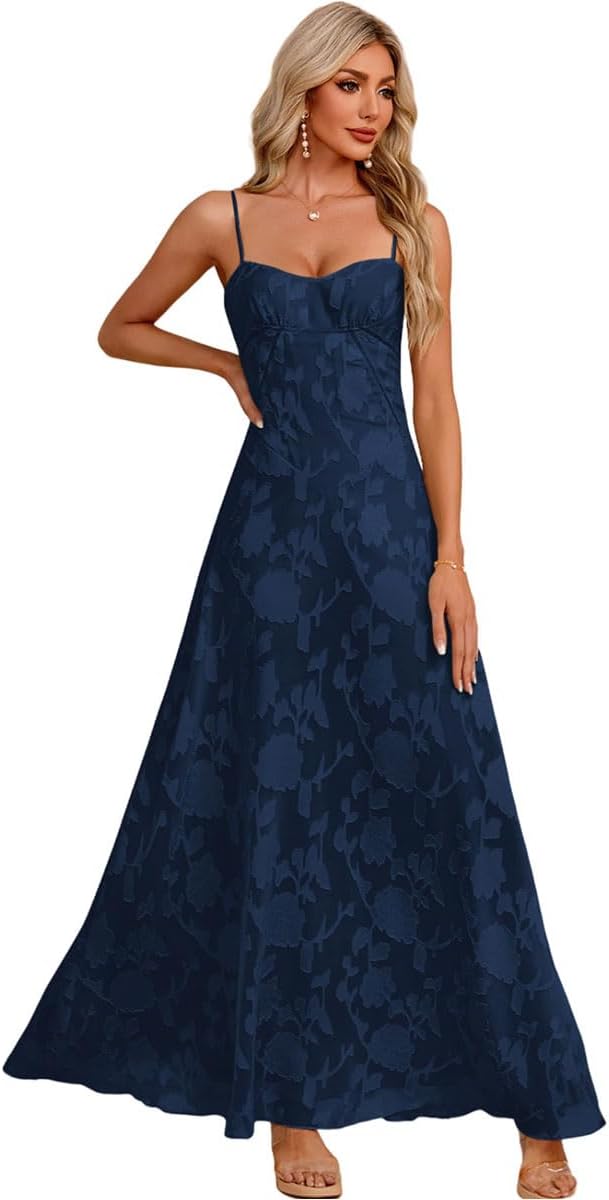 Women's Elegant Wedding Guest Dress Spaghetti Straps Floral Sleeveless Formal Dress Maxi Gown