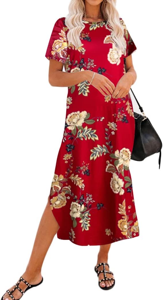 Naggoo Women's Short Sleeve Split Maxi Dress Casual Plain Tie Dye Print Tshirt Long Dresses with Pockets