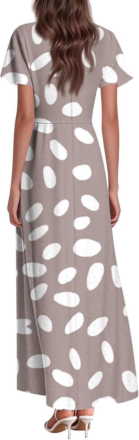 Womens Fashion V Neck Ruffle Short Sleeve Maxi Dress 2025 Summer Elegant Solid Color Flowy A Line Dresses