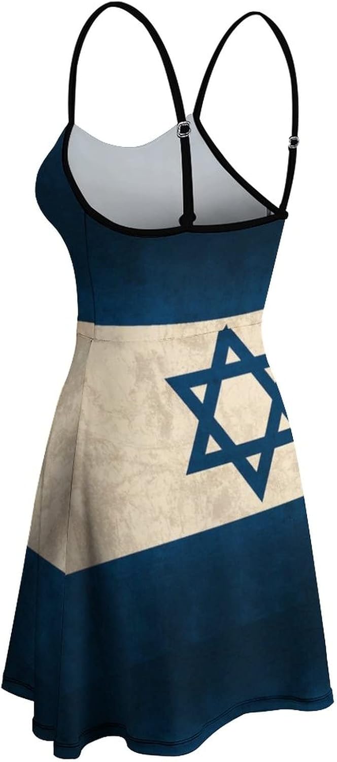 TUBIAZICOL Vintage Israel Flag Print Spaghetti Strap Mini Dress for Women Sexy Sleeveless Summer
