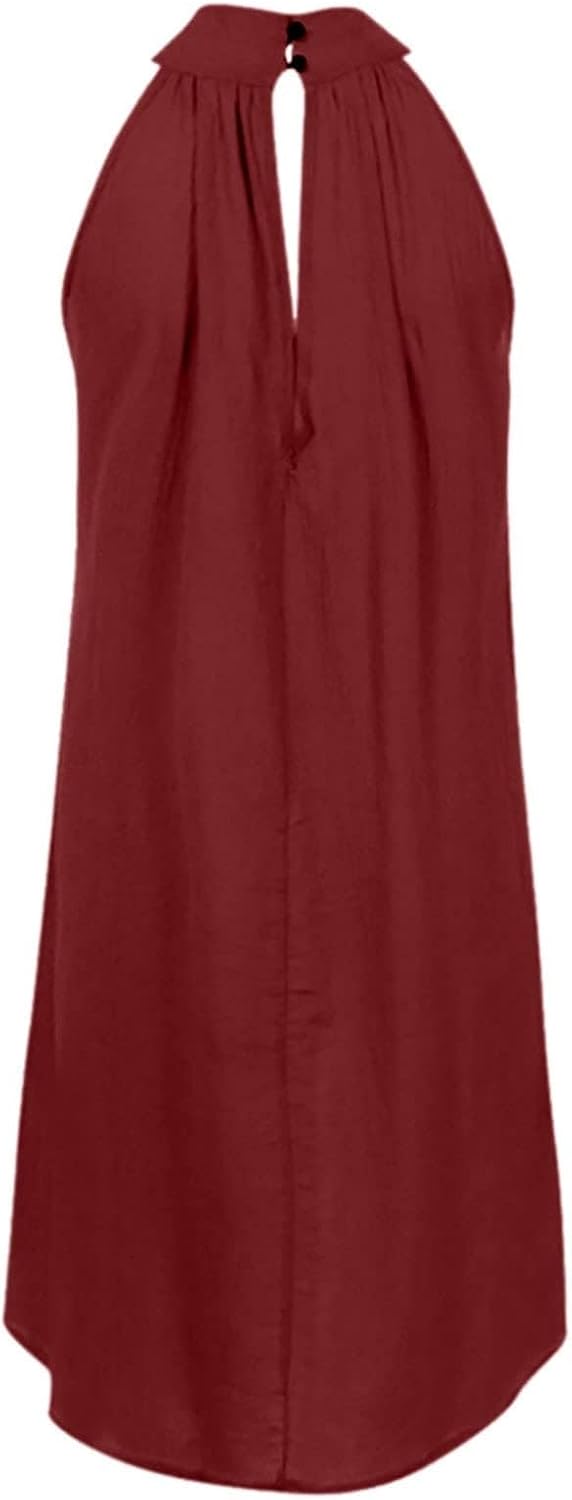 Sun Dresses for Women 2025 Vacation Halter Neck Solid Summer Casual Sundress Elegant Pleated High Low Mini Dresses