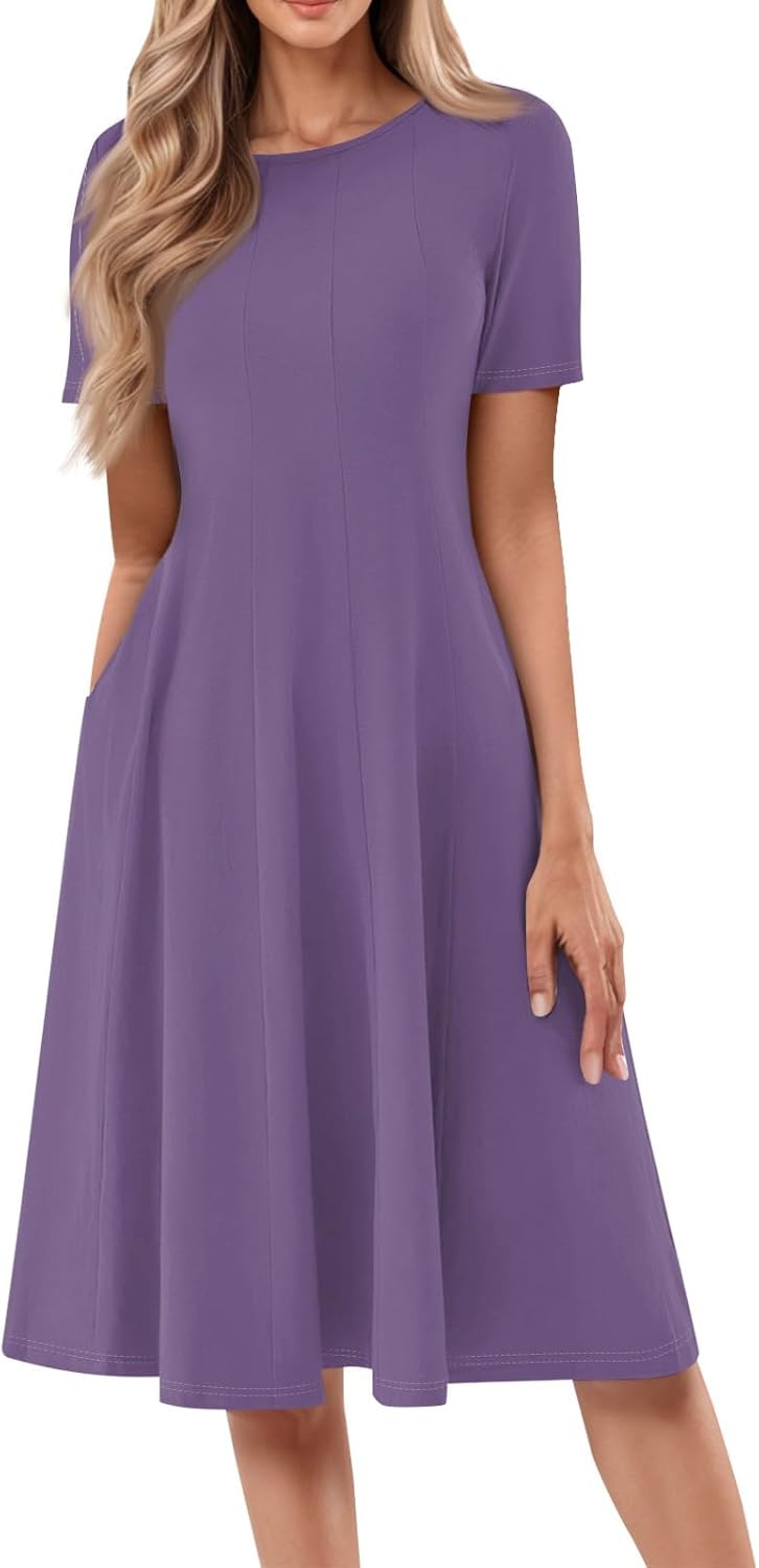 Summer Dresses for Women 2025 Crew Neck Short Sleeve Boho Beach Vacation Floral/Solid Midi Sundresses with Pockets