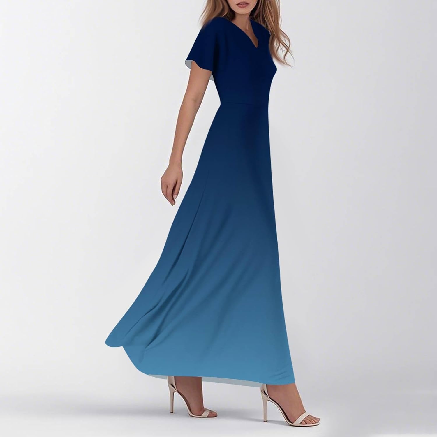 Womens Fashion V Neck Ruffle Short Sleeve Maxi Dress 2025 Summer Elegant Solid Color Flowy A Line Dresses