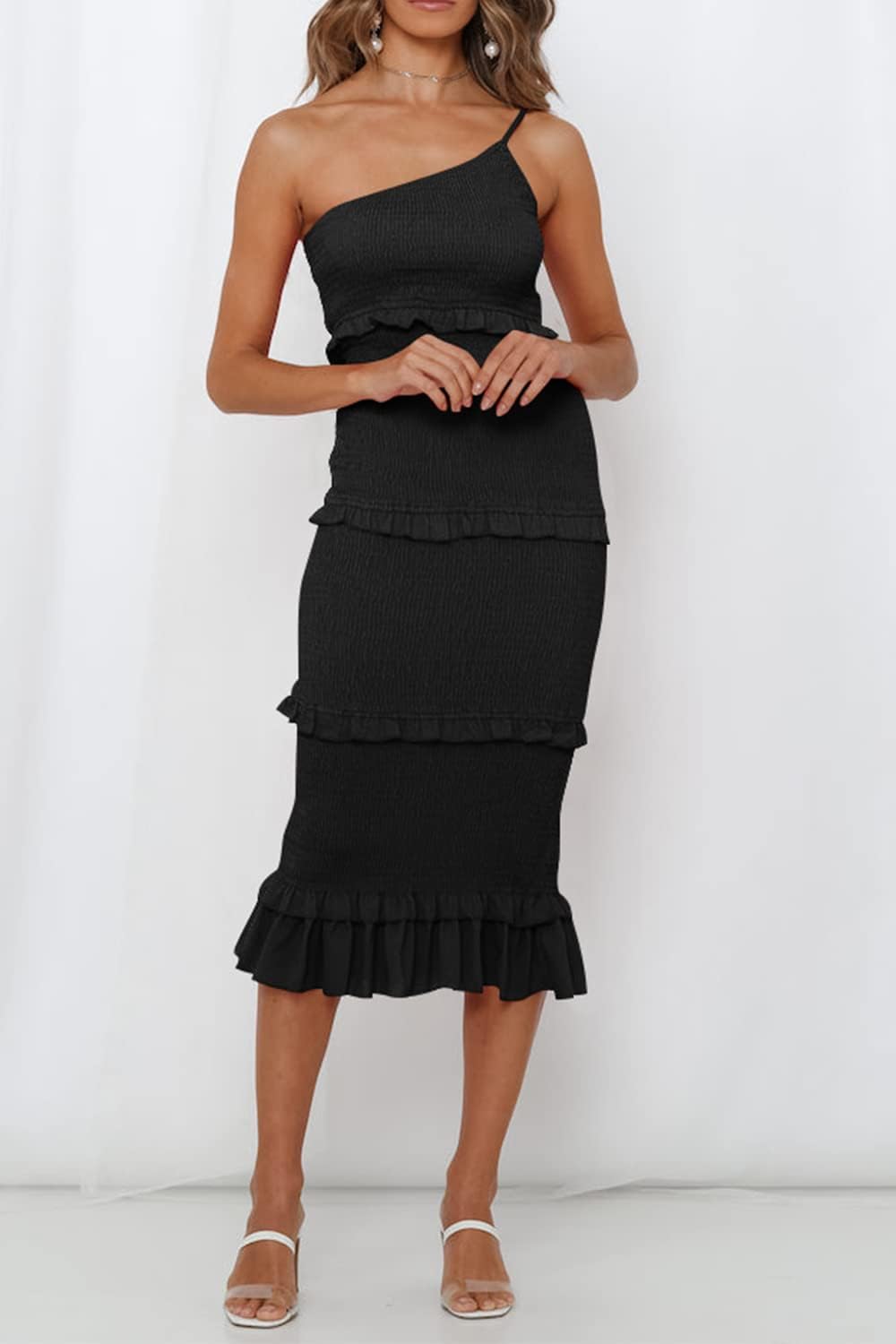 PRETTYGARDEN Women's Summer Midi Bodycon Dresses One Shoulder Strappy Tiered Ruffle Floral Boho Sun Dress