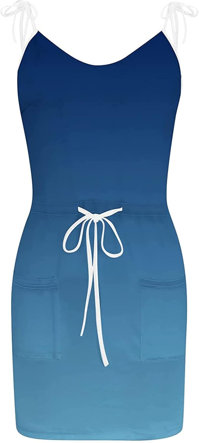 Women Summer Casual Striped Dress Drawstring Waist Tie Knot Mini Dresses Short Sleeve V Neck Tank Dress with Pocket