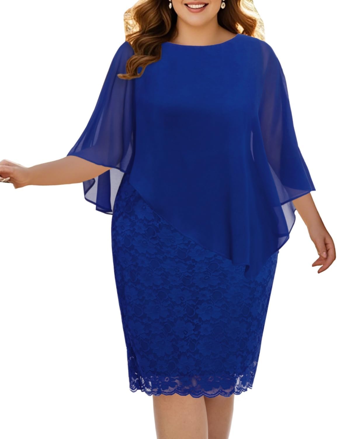 Plus Size Dresses Wedding Guest - Mother Bride Semi Formal Lace Cape with Chiffon Overlay Dresses