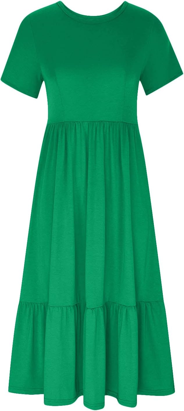 XUNRYAN Summer Dresses for Women 2024 Casual Calf Length Maxi Dress Pleated Flowy Tiered Swing Beach Sundress with Pockets