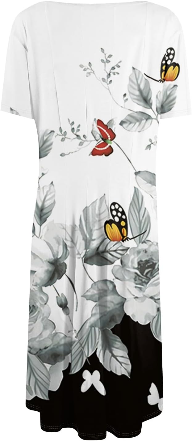 Summer Dresses for Women 2025 Crew Neck Short Sleeve Boho Beach Vacation Floral/Solid Midi Sundresses with Pockets