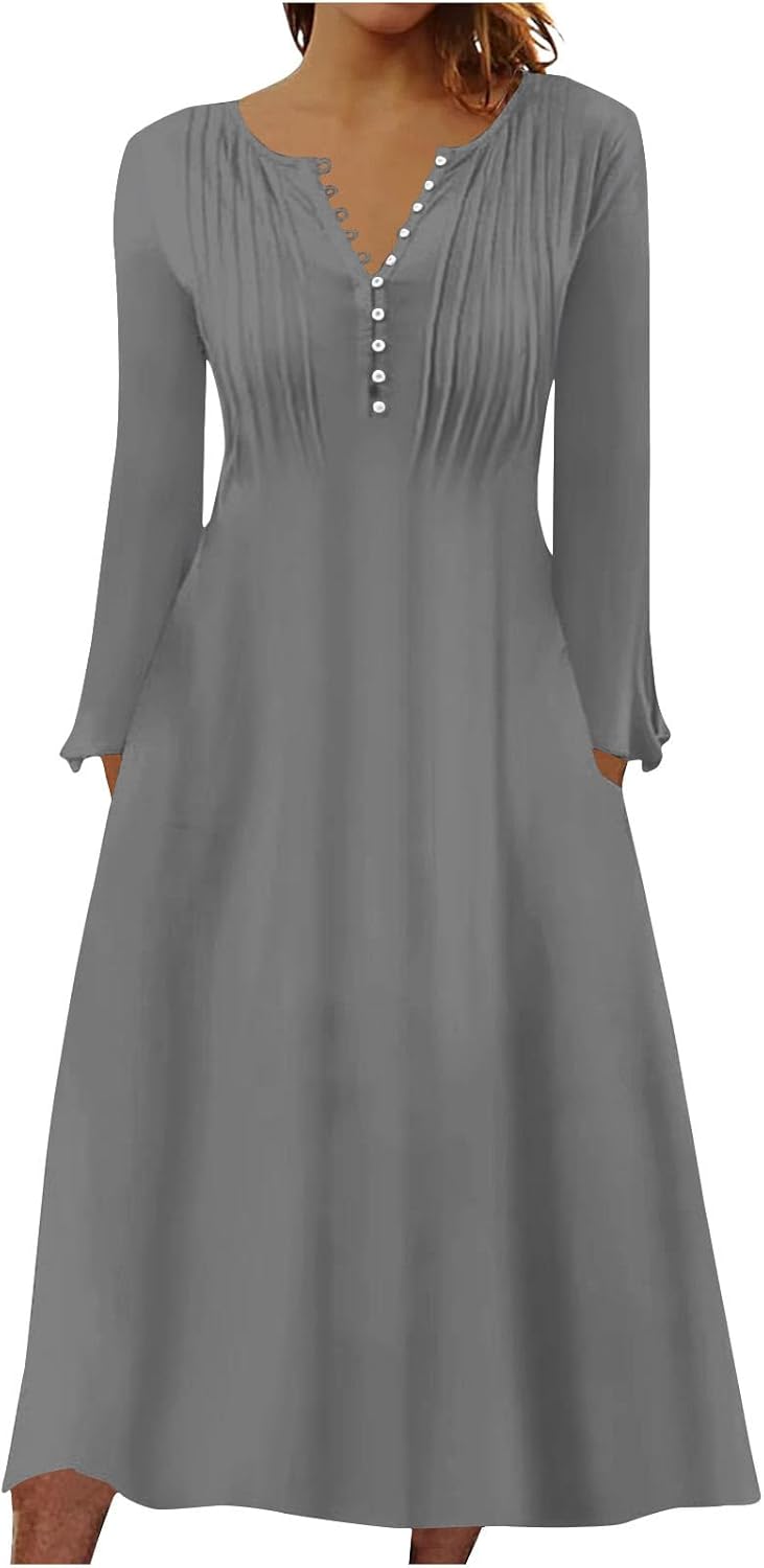 DOPOCQ Fall Women Dresses 2023 Long Sleeve V Neck Plus Size Maxi Dress Boho Dress High Waisted A-Line Dress with Pocket