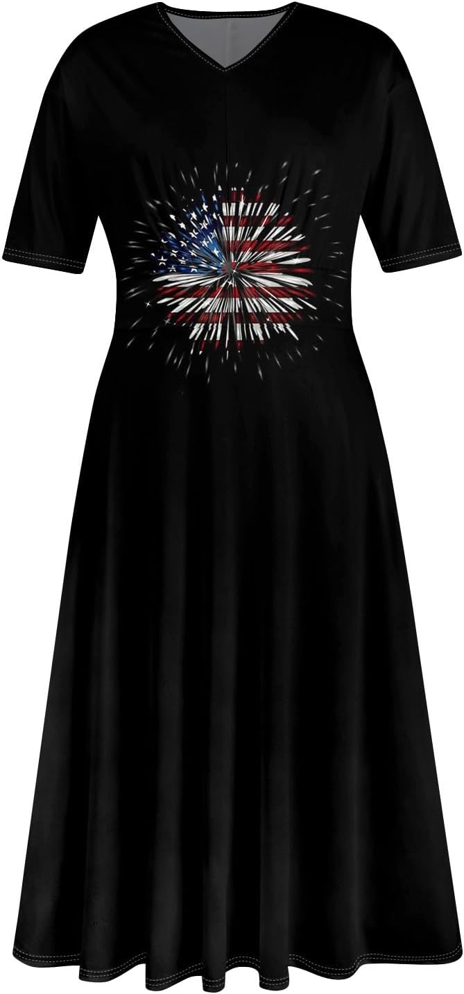 Women's Patriotic Star Print Midi Short Sleeve V-Neck Casual A-Line Dress for Summer Parties & Events