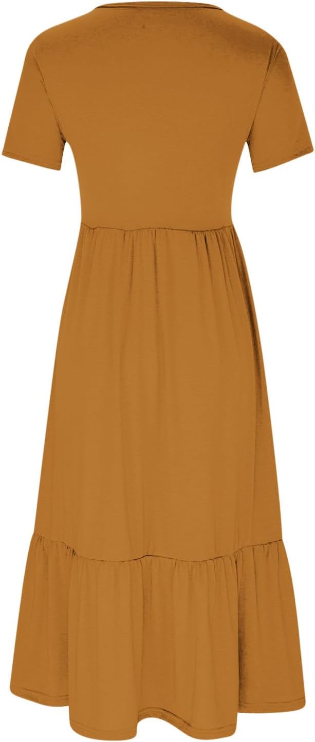 XUNRYAN Summer Dresses for Women 2024 Casual Calf Length Maxi Dress Pleated Flowy Tiered Swing Beach Sundress with Pockets