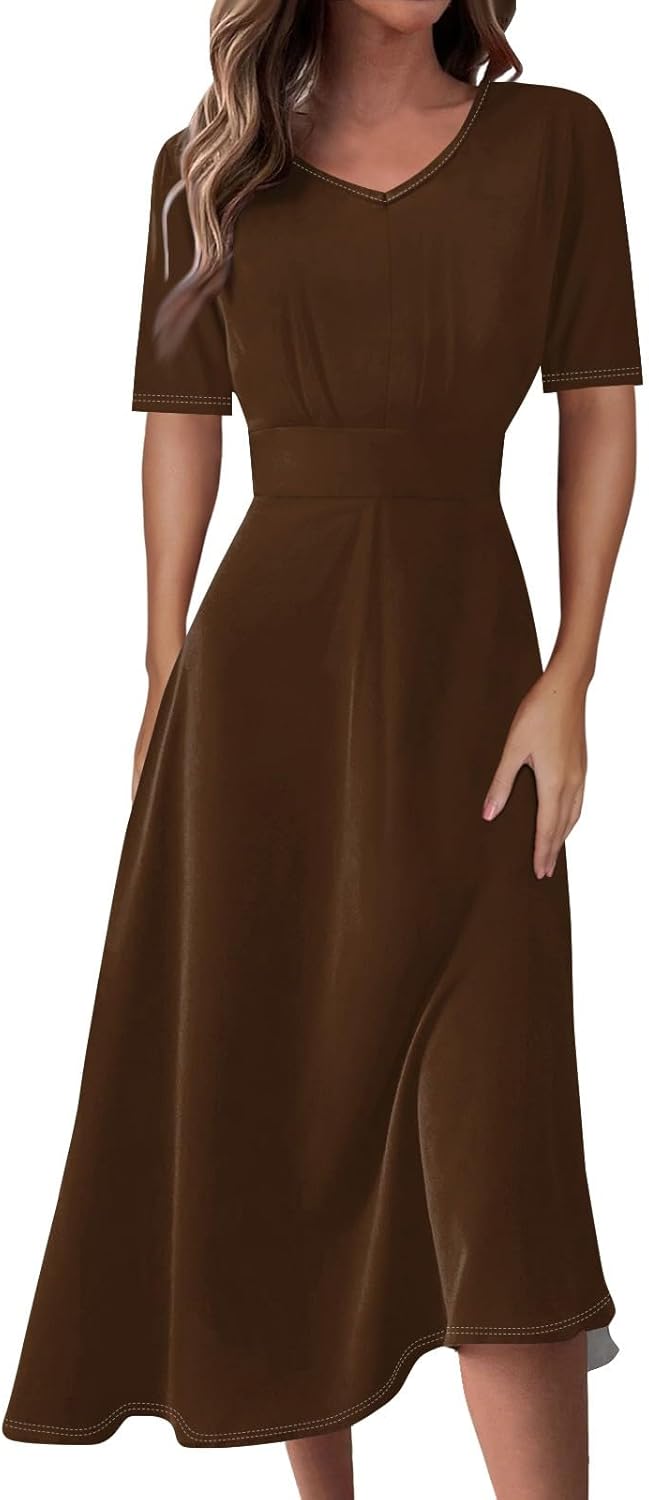 Women's Summer Elegant Cocktail Dress Solid Color Swing V-Neck Party Gown Dresses, S-2XL