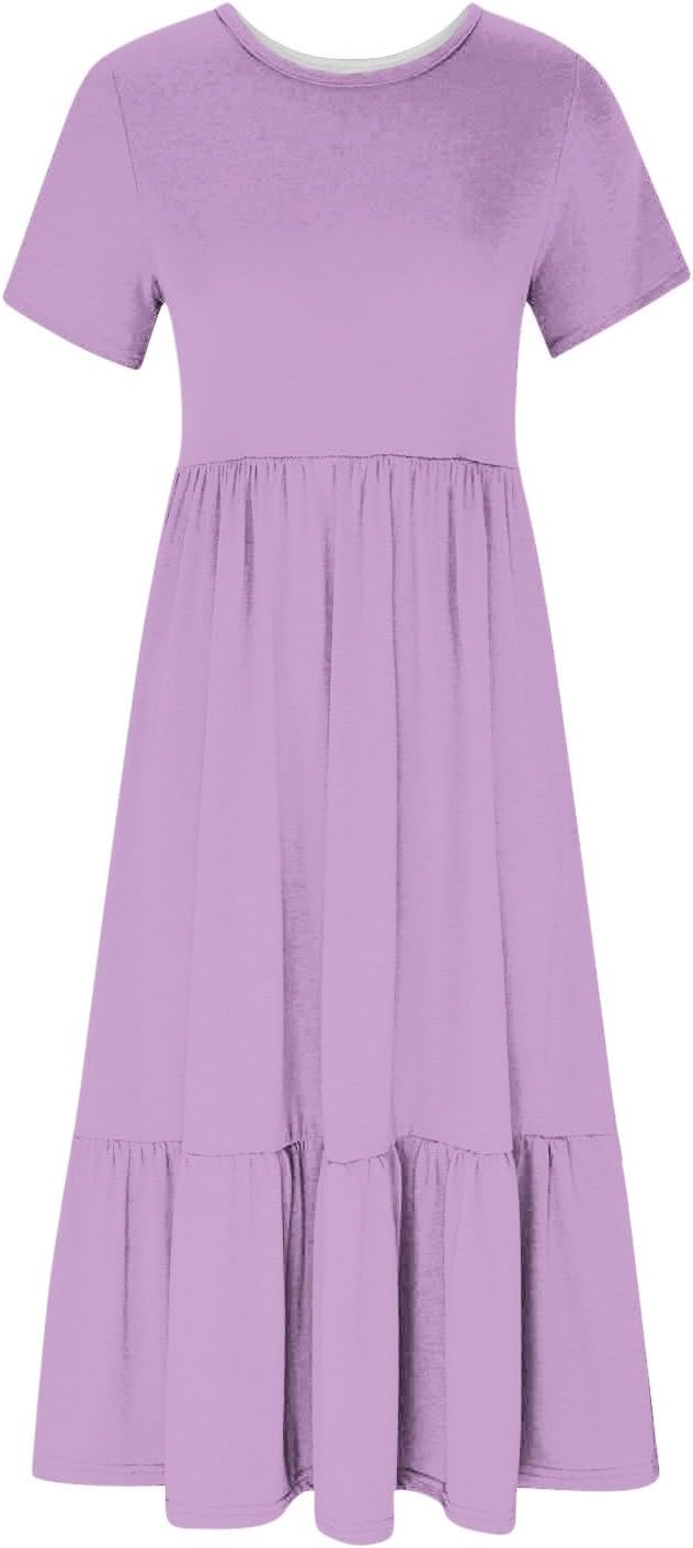XUNRYAN Summer Dresses for Women 2024 Casual Calf Length Maxi Dress Pleated Flowy Tiered Swing Beach Sundress with Pockets