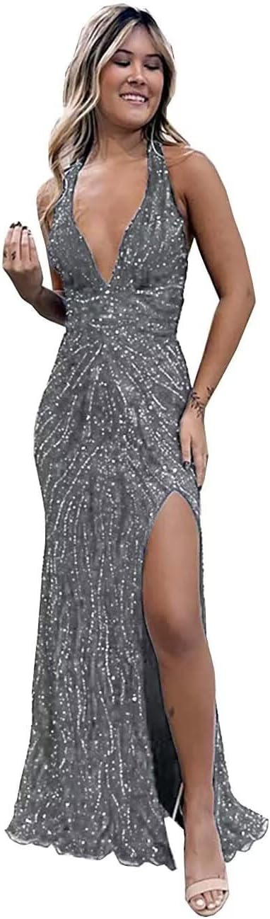 Beaded Evening Gown Deep V-Neck Mermaid Prom Dresses High Split Halter Formal Dress Sleeveless Bodycon Trumpet JS0011