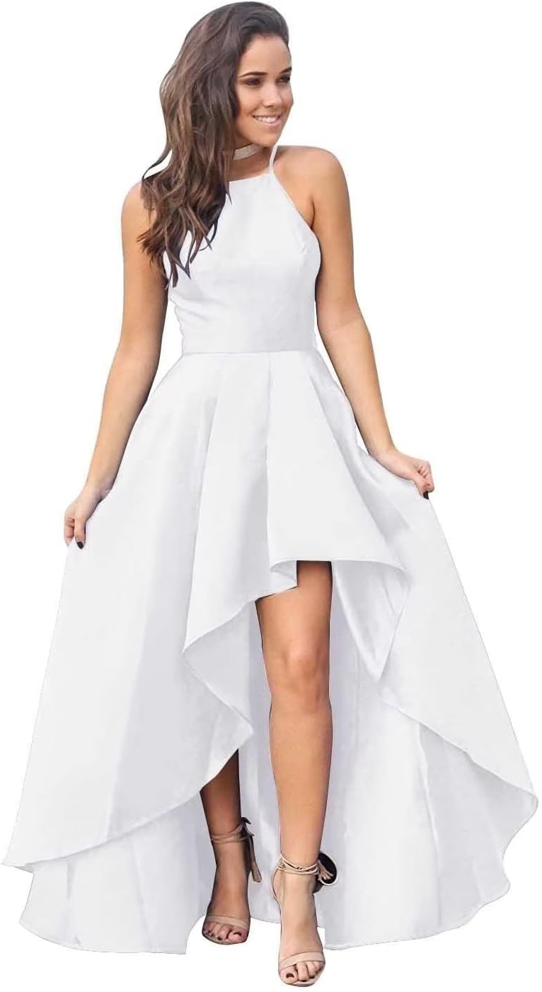 CWOAPO Halter High Low Bridesmaid Dress Evening Dress Satin Homecoming Dresses A Line Cocktail Gowns with Pockets