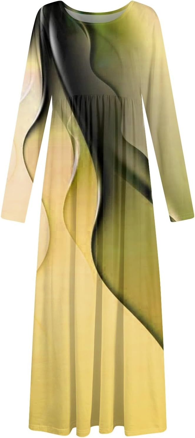 Long Sleeve Maxi Dress for Women Elegant Crew Neck Flowy Swing Dresses Solid Color Wedding Guest Dresses