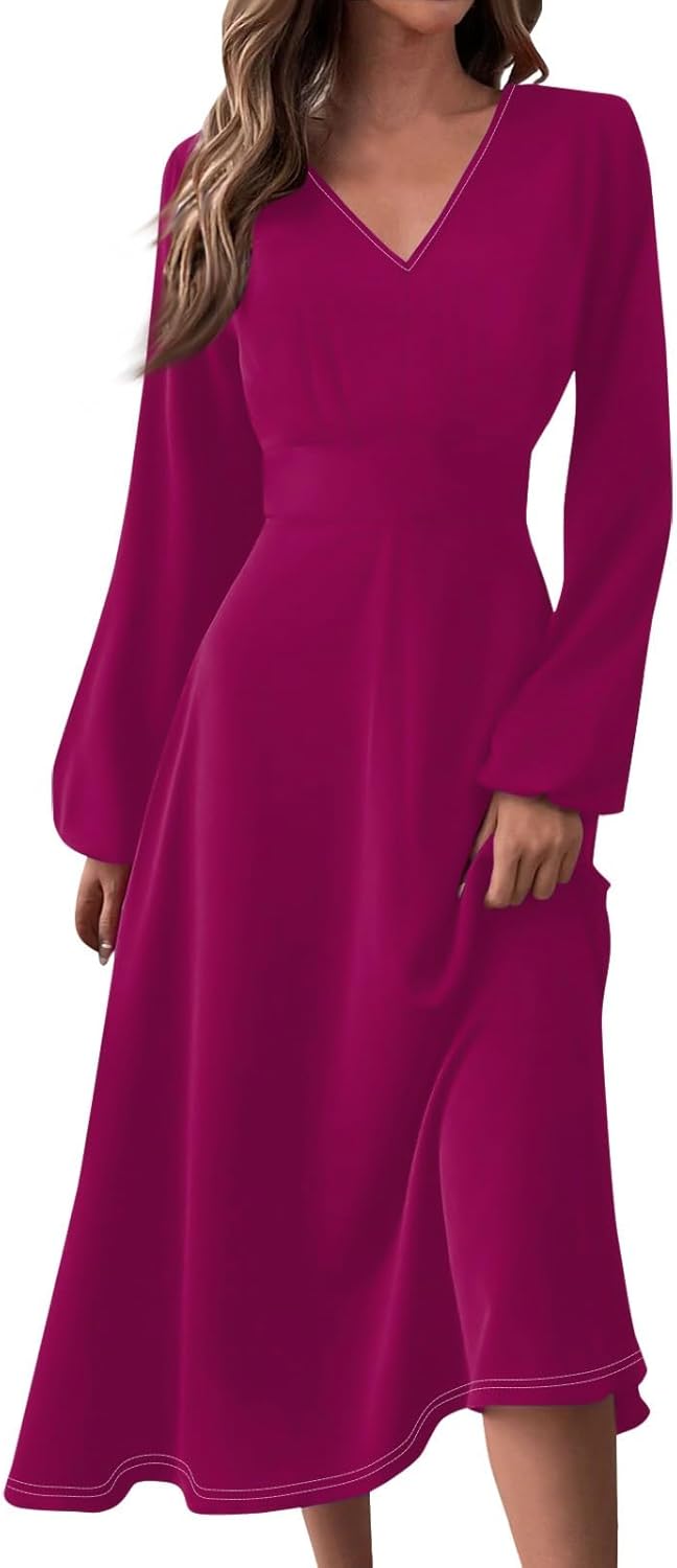 Women's Summer Elegant Cocktail Dress Solid Color Swing V-Neck Party Gown Dresses, S-2XL
