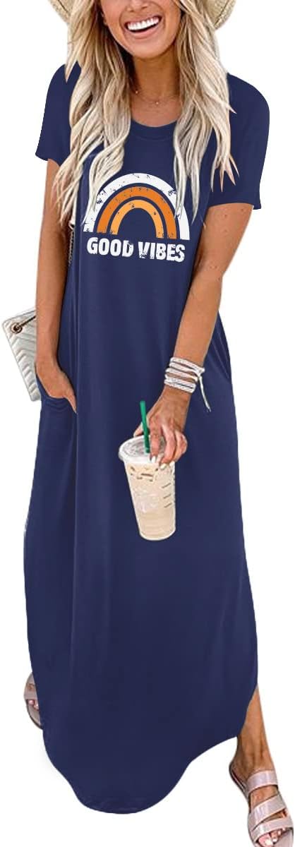 ANRABESS Women's Summer Casual Loose Short Sleeve Long T Shirt Dress Split Maxi Beach Sundress Travel Vacation Outfits