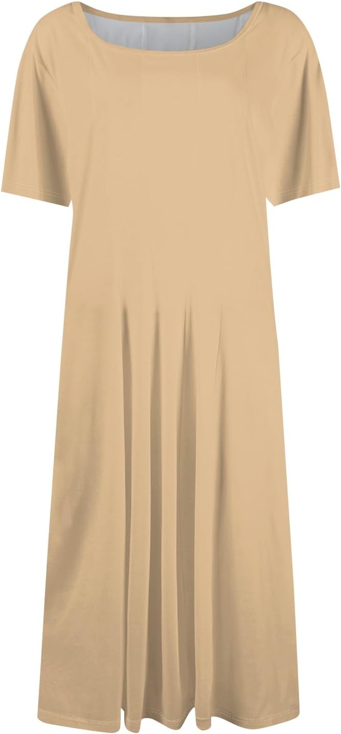 Summer Dresses for Women 2025 Crew Neck Short Sleeve Boho Beach Vacation Floral/Solid Midi Sundresses with Pockets