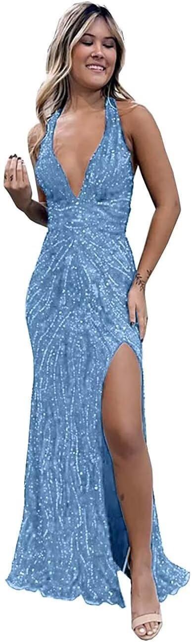 Beaded Evening Gown Deep V-Neck Mermaid Prom Dresses High Split Halter Formal Dress Sleeveless Bodycon Trumpet JS0011