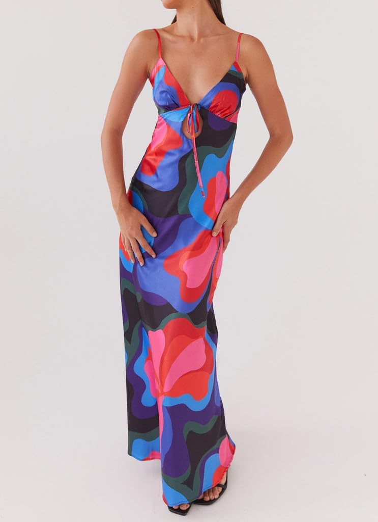 Luckinbaby Women Y2k Spaghetti Strap Maxi Dress V Neck Tie Front Cutout Long Cami Dress Backless Party Wedding Dress