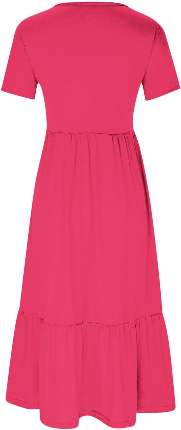 XUNRYAN Summer Dresses for Women 2024 Casual Calf Length Maxi Dress Pleated Flowy Tiered Swing Beach Sundress with Pockets