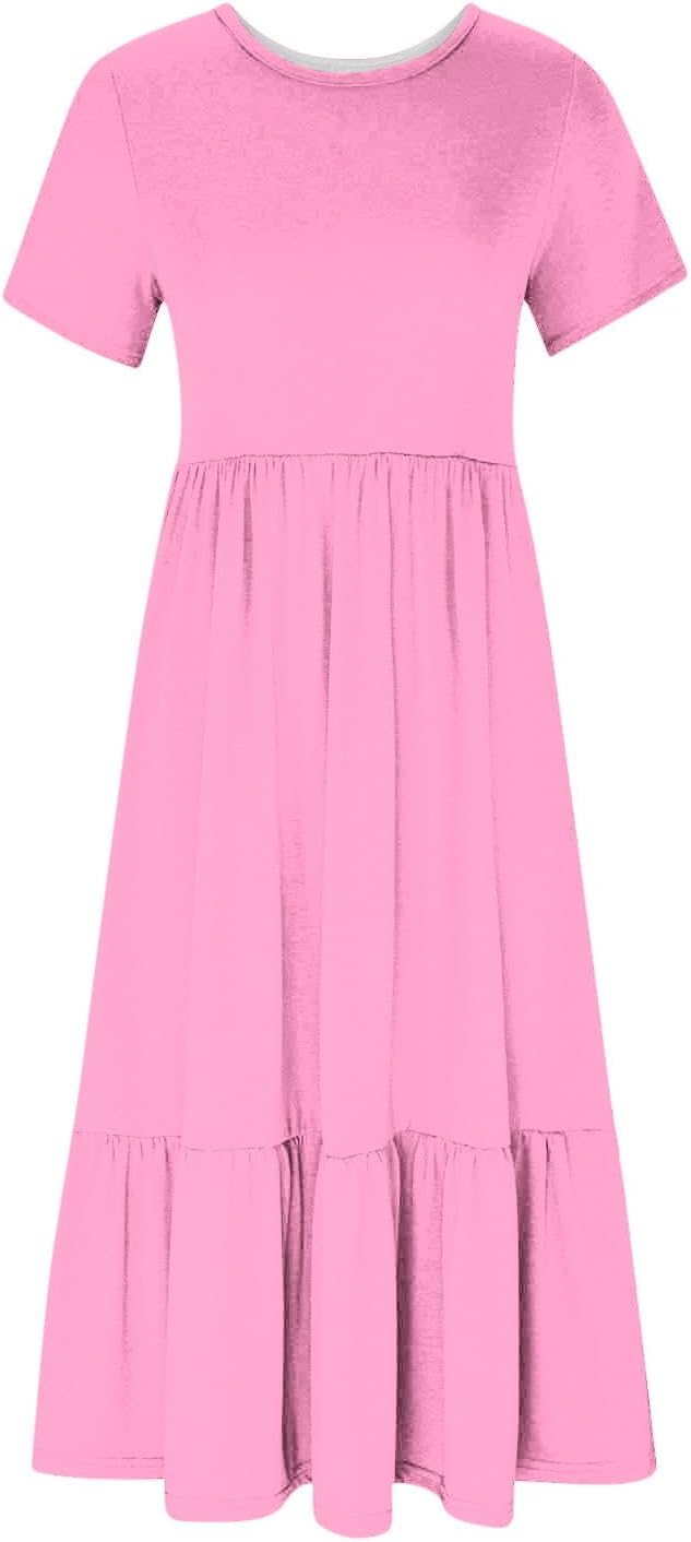 XUNRYAN Summer Dresses for Women 2024 Casual Calf Length Maxi Dress Pleated Flowy Tiered Swing Beach Sundress with Pockets